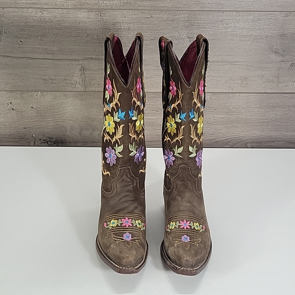 Girls El General Brown Leather Cowboy Boots with Floral Embroidery Sz 6